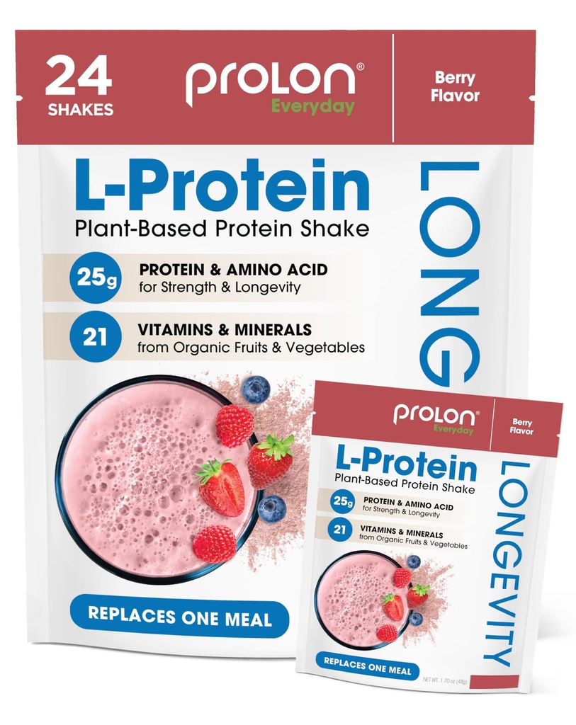 Prolon Longevity Plant Based חלבון אבקה | שריר ותיקון, הזדקנות בריאה, ביצועים Boost | ויטמינים, Gluten Free, Amino Acids, Antioxidants | 25g של חלבון | ברי, 24 Packets