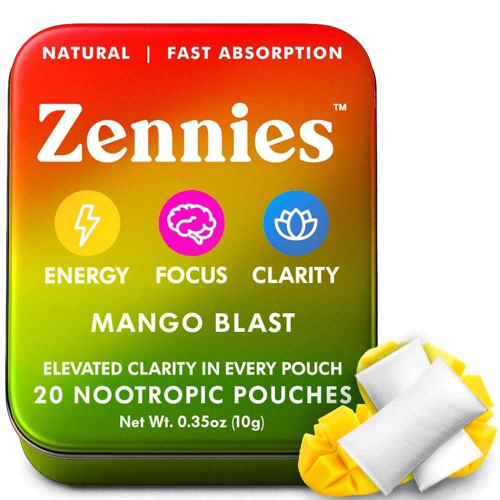 Zennies Caffeine Nootropic Pouches עם Alpha GPC, L-Tyrosine & L-theanine, Lion's Mane, Cordyceps, Reishi - Nicotine חינם, No Sugar או A מלאכותי Sweets Nootropic Energy Pouches, מנגו Blast 1 PKlast