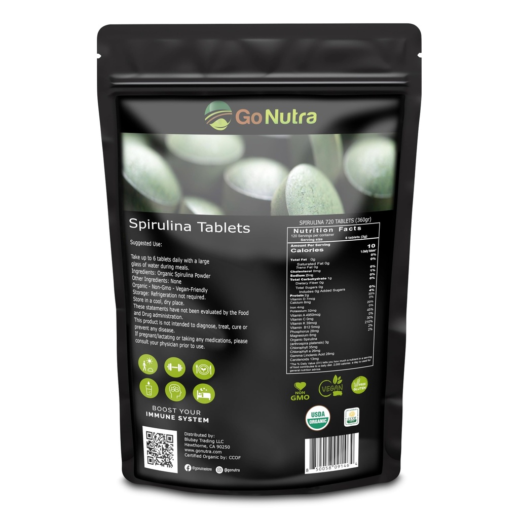 Go Nutra Organic Spirulina Tablets | Acent Dense אורגני Spirulina Superfood | חלבונים, ויטמינים, מינרלים, סיבים, Amino Acids | No Fillers, Non-GMO, טבעוני | 500 מ"ג, 720 ct, 4 חודשים אספקת אספקה, 4 חודשים אספקה, 4 חודשים אספקה, סיבים, Amino Acids