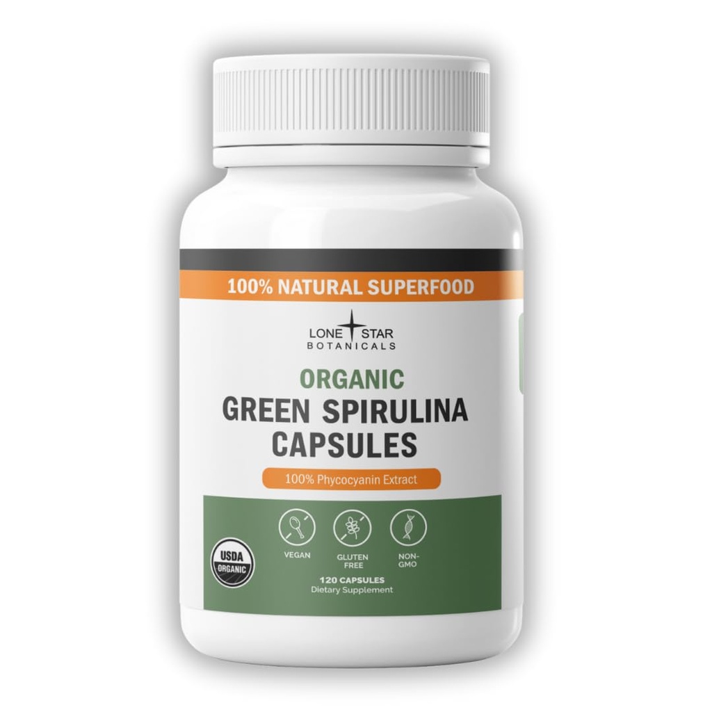 Lone Star הבוטנים אורגני Spirulina קפסולות - 100% טהור כחול ירוק אלגה, ללא ריח דגים, סופר מזון תוספת, טבעוני, Non-GMO, Gluten-Free (120 Count, Green Spirulina)