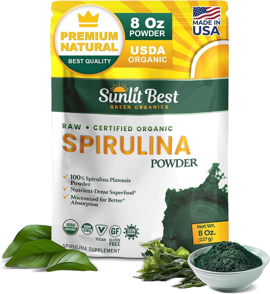 Sunlit הטוב ביותר אבקת Spirulina אורגני USDA - Chlorophyll, Fast Absorption, Blue-Green Spirulina Algae, Raw Vegan חלבונים - non-GMO, Gluten Free Superfood Energy, Gut, Immune Support - 8 Oz Oz Oz-Green Spirulina Algae, Raw Vegan חלבונים - non-GMO, Gluten Free Superfood Energy, Gut, Immune Support - 8 Oz 8 Oz 8 Oz Algae