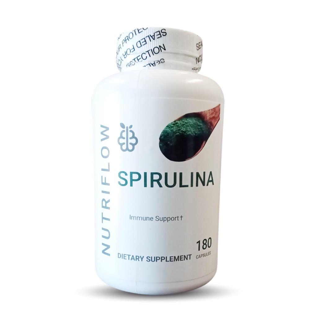 Natural Spirulina Capsules Super Green Powder Supplement | Spirulina Powder Nutri Flow Superfood 500mg | Non-GMO Vegan Vegetable Rich in Vegan Protein 180 Capsules