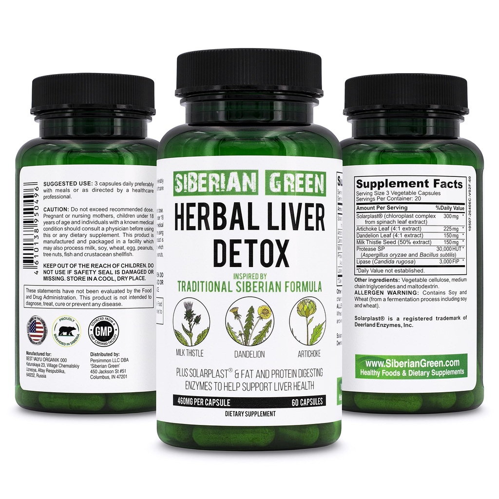 סיביר ירוק צמחי חי Detox עם חלב Thistle Artichoke Dandelion 60 קפסולות - פורמולה סיבירית מסורתית Enzymes לתמוך Liver Health