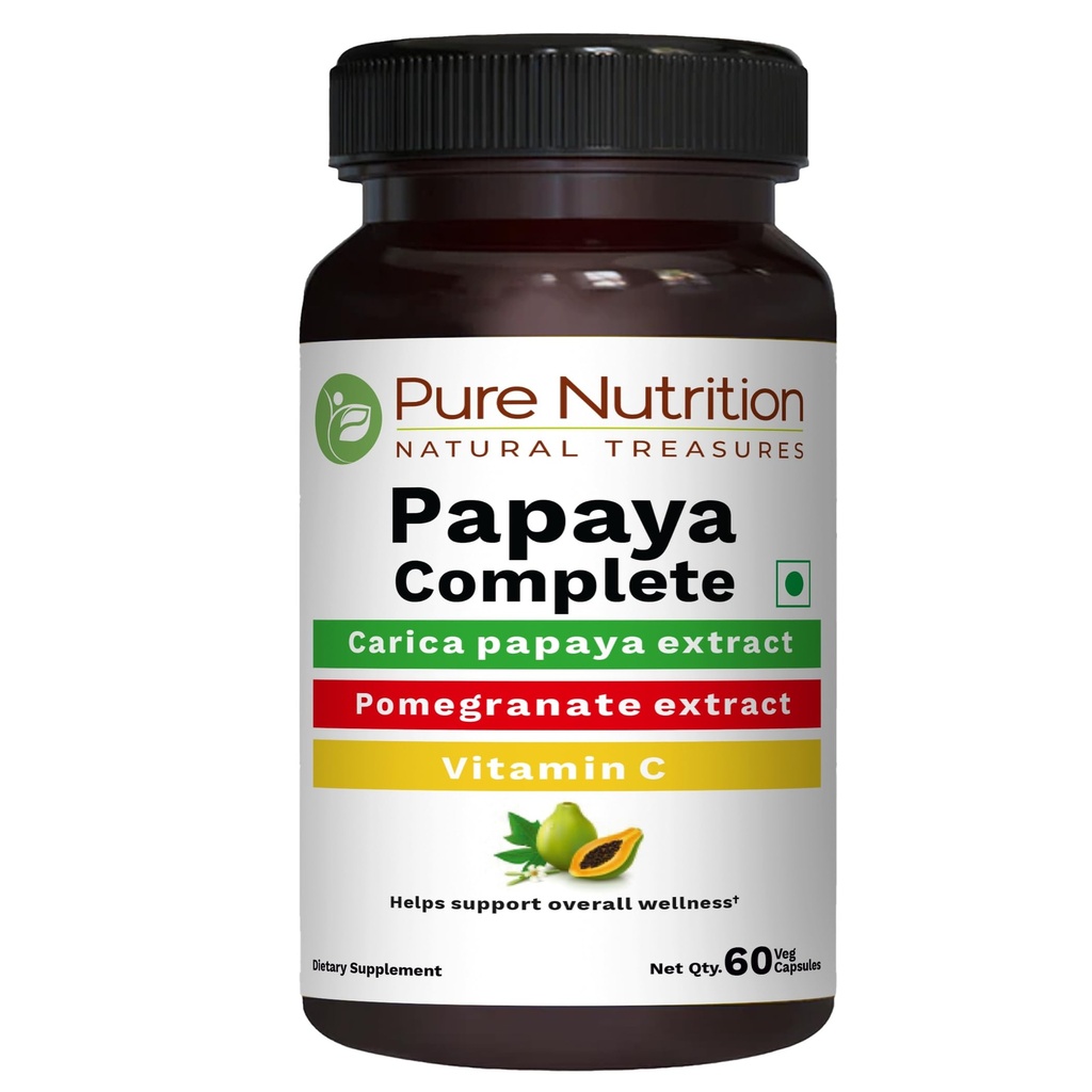 תזונה טהורה פאפאיה שלמה - 60 קפסולות Veg (Supports Platelet Immunity & Digestion) כל קפסולה מכילה 500 מ"ג carica Papaya פירות ופלט. Non-GMO | Gluten-Free