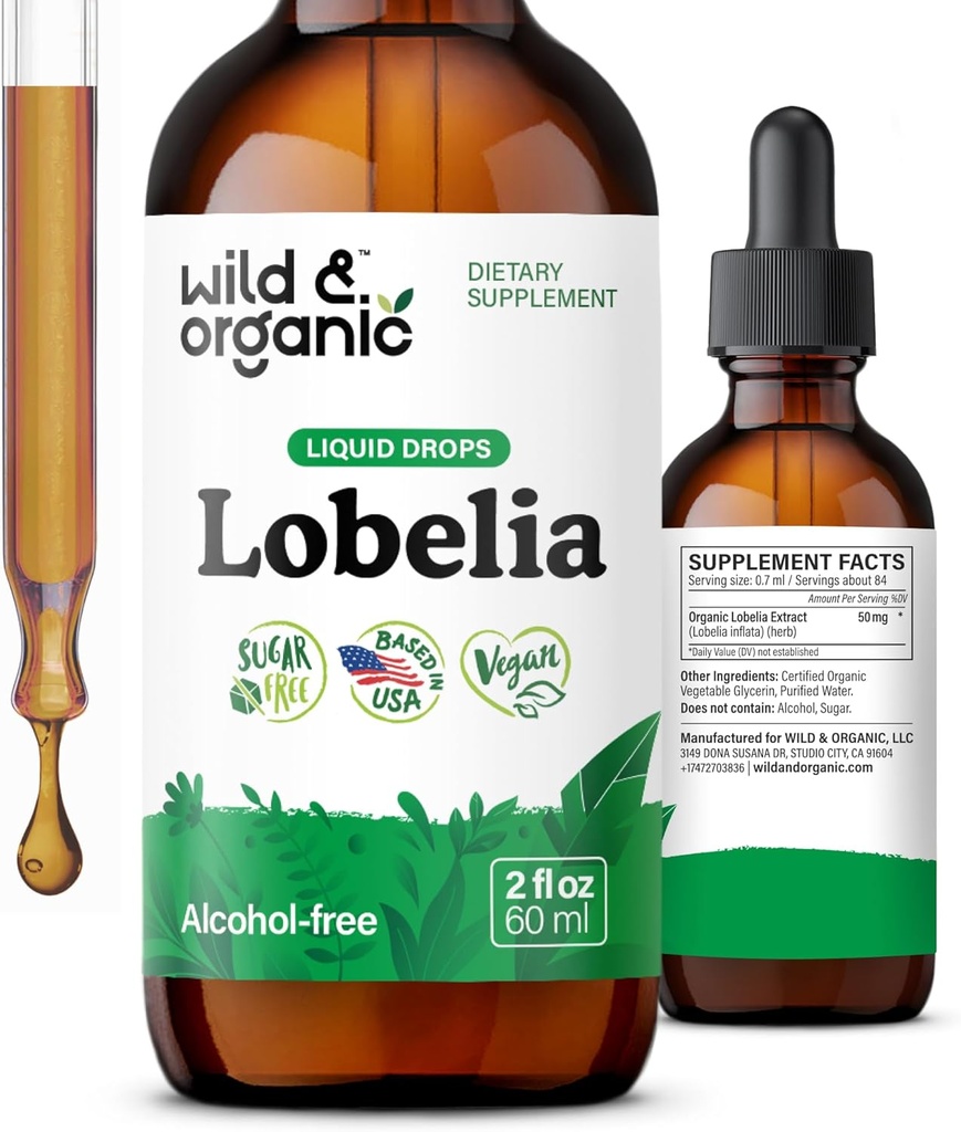 Wild & Organic Lobelia Tincture - Herbal Lungse ו Detox - נוזל Lobelia לחלץ תוספת - טבעוני, סוכר ואלכוהול חינם Herb טיפות - 2 fl oz