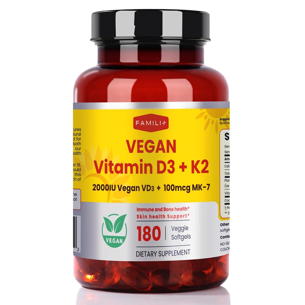 FAMILI+ 180 Days Vegan Vitamin D3+K2 Softgel with Coconut MCT Oil | 2000IU Plant Source Vitamin D3 + 100 mcg Vitamin K2 MK-7 | for Bone, Muscel, Immune, Teeth & Heart Health | 100% Vegan no-Gelatin