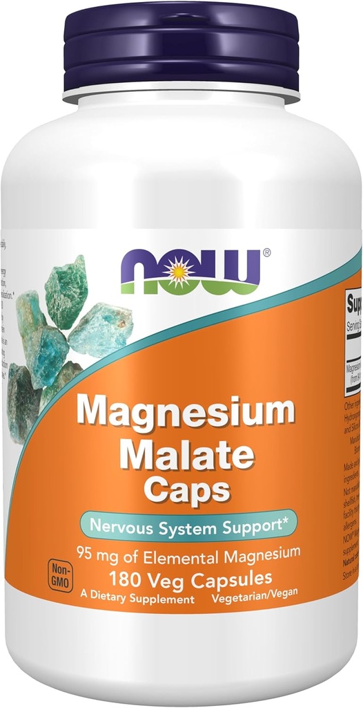 תוספי מזון עכשיו, Magnesium Malate Caps עם 95 מ"ג של מגנזיום אלמנטרי, מערכת העצבים *, 180 ואג קפסולות