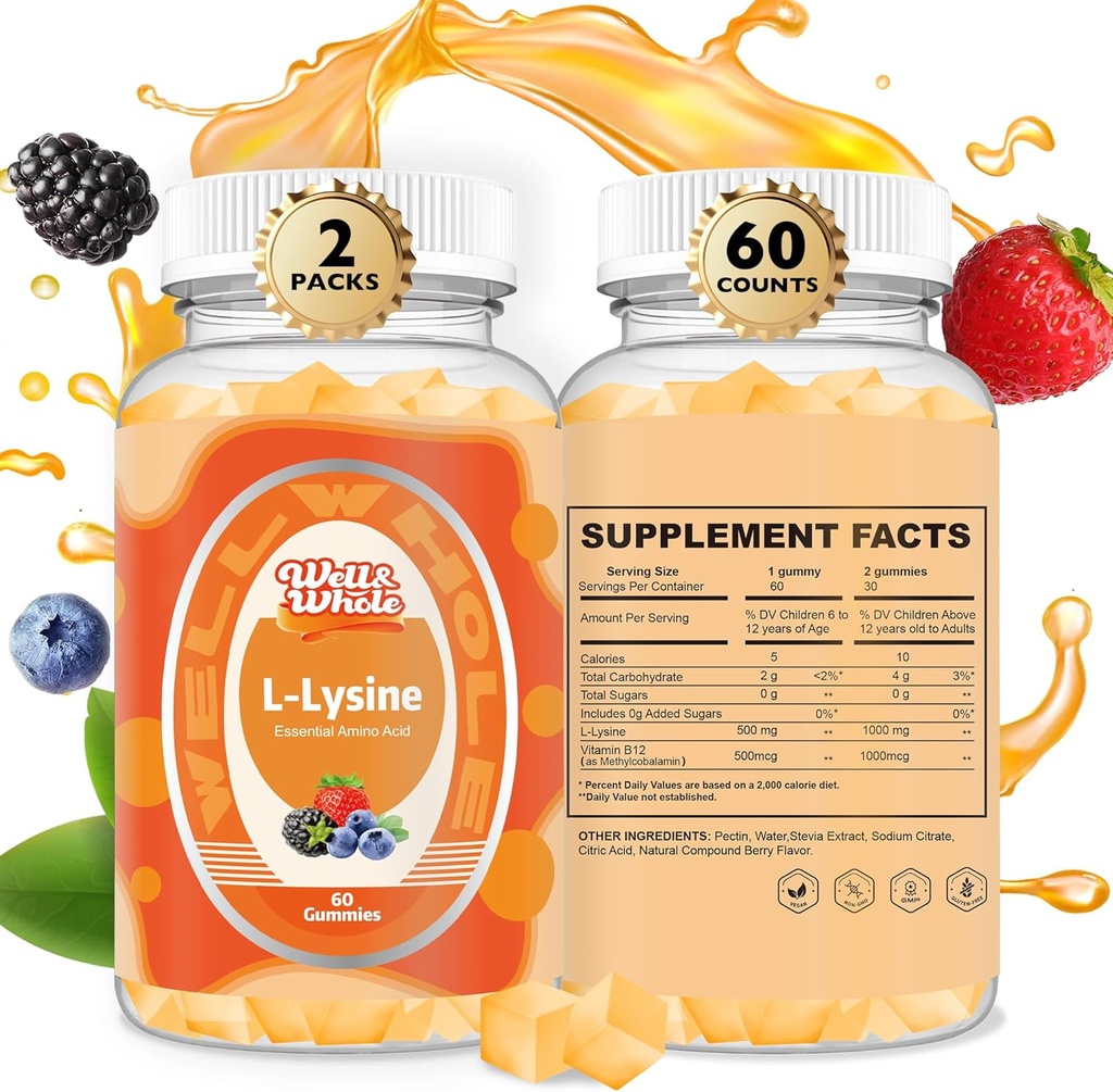 L-Lysine Gummies 1000mg - L-Lysine תוספי מזון לילדים ומבוגרים - Lip and Cold Sore * תמיכה לנשים - Chewable Lysine Gummies עם ויטמין B12 - טבעוני, Non GMO, Gluten-Free 120 Counts