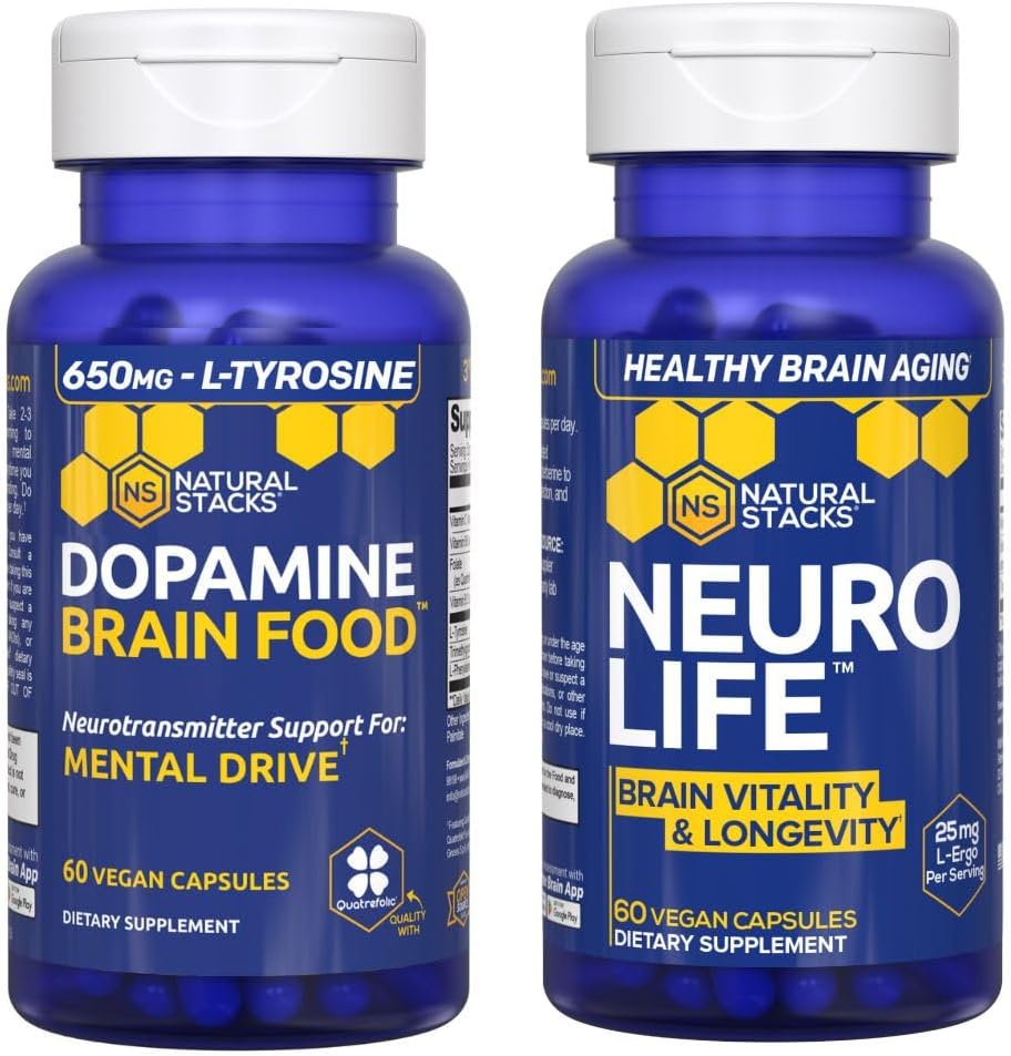 NATURAL STACKS NeuroLife + Dopamine Brain Food Bundle - תומך כונן נפשי ומוח לטווח ארוך * - 120 קפסולות מוחלט