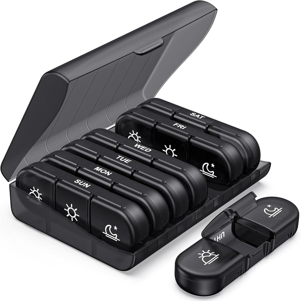 PULIV שבועי גלולות מארגנת 3 פעמים ביום, Portable Travel Pill Box 7 Day with Large Contain Pillers, Light-Proof Pill Case for ויטמינים, תרופות, תוספים ושמן דגים (שחור)