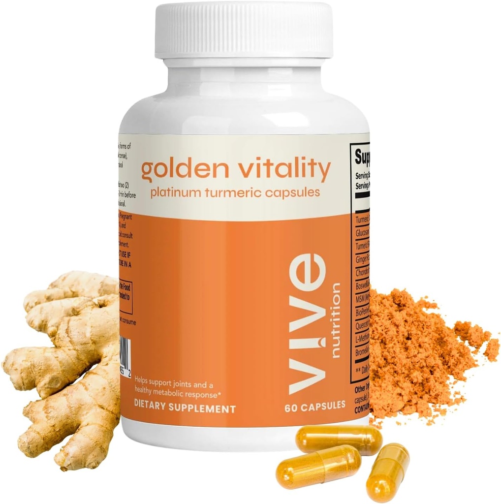 Golden Vitality Turmeric Curcumin קפסולות - פלטינום עם 95% Curcuminoids, Glucosamine, Chondroitin, MSM & BioPerine - תמיכה משותפת ועצמות - 60 הרוזן, 30 ימים אספקה