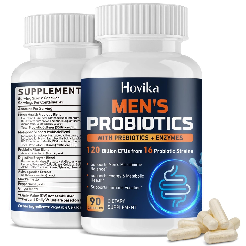 Probiotics for Men, 120 Billion CFUs Men’s Probiotics for Digestive Health with Prebiotic, Digestive Enzymes, Ashwagandha for Immune, Stomach, Bloating & Gut Health for Men, 16 Strains, 90 Capsules