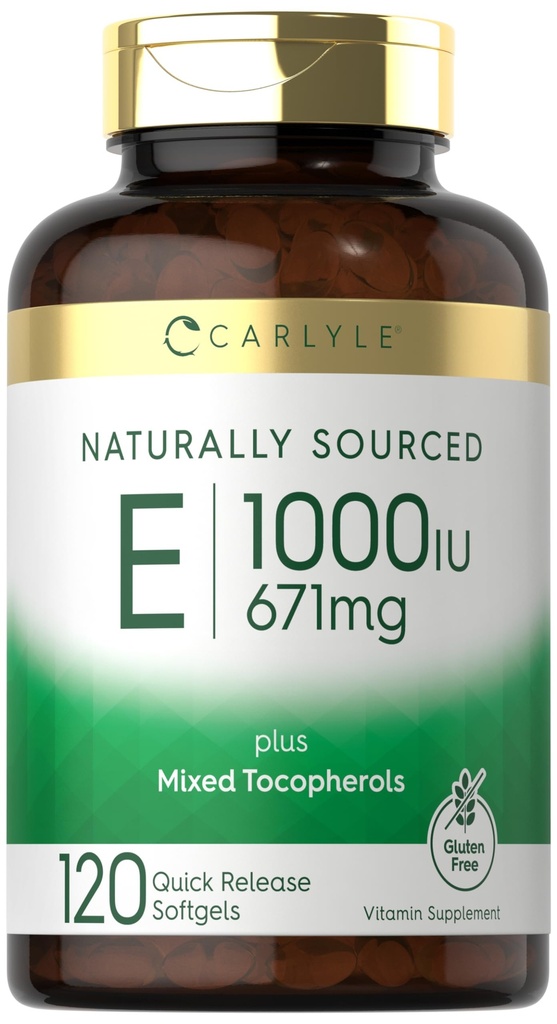 ויטמין קרלייל E עם Tocopherols מעורב | 1000 IU | 120 Softgels | באופן טבעי תוספת מקור | Non-GMO ו- Gluten Free Formula