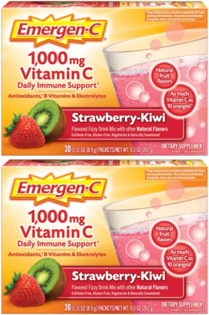 אקסן-C 1000 מ"ג ויטמין C אבקת, סטרוברי קיבדור, Antioxidants, B ויטמינים ואלקטרוליטים, ויטמין C תוספת לתמיכה בחיסון, 30 Count (Pack of 2)