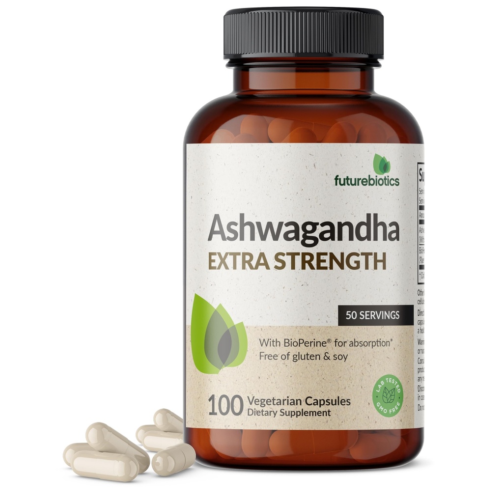 Futurebiotics Ashwagandha תוספת מתח נפשי ותמיכה עם BioPerine - Non GMO פורמולה, 100 קפסולות צמחוניות