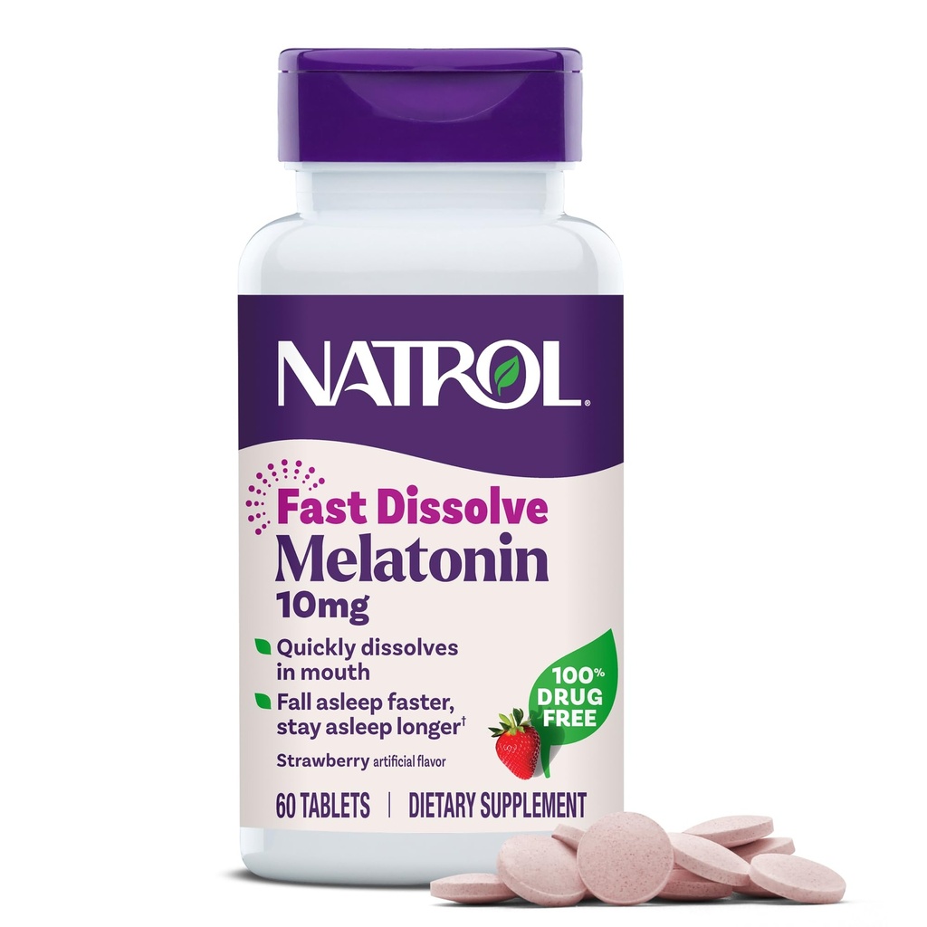 Natrol Melatonin 10 מ"ג טבליות מלוטש מהיר - סטרוברי פלמור, 60 הרוזן, תמיכה בשינה, במהירות dissolve מלטונין למבוגרים, 60 ימים אספקה