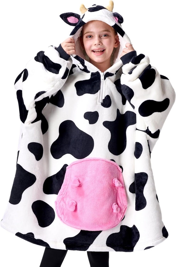 Giggling Getup Wearable Blanket Hoodie עבור בנות ונערות שריפה פלטה הוד חולצת טריקו חם Cozy שריפה ללבוש זרוק Overגודל הוד עם ענק כיס וקבצים לילדים פרה