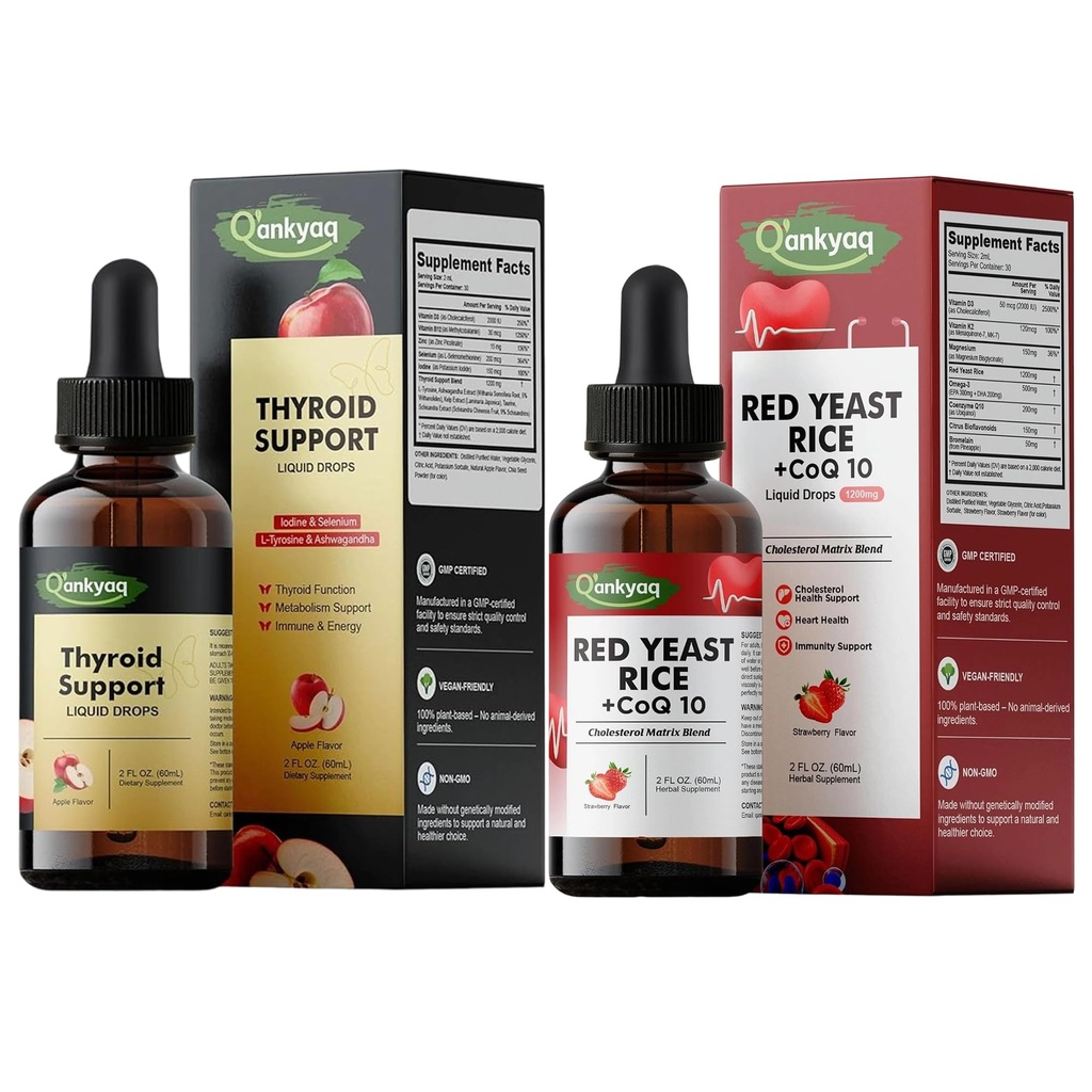 Q'ankyaq Thyroid Support Liquid Drops, Red Yeast Rice with CoQ10 Liquid Drops, Thyroid Support for Women, 1200mg Red Rice Yeast Extract for Cholesterol Health