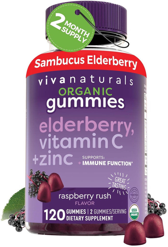 Viva Naturals Organic Sambucus Elderberry Gummies for Adults (120 Count) - 3in1 Black Elderberry ויטמין C ו- Zinc Immune Support Gummies, Chewable Elderberrys, Zi Imnc Immunitys