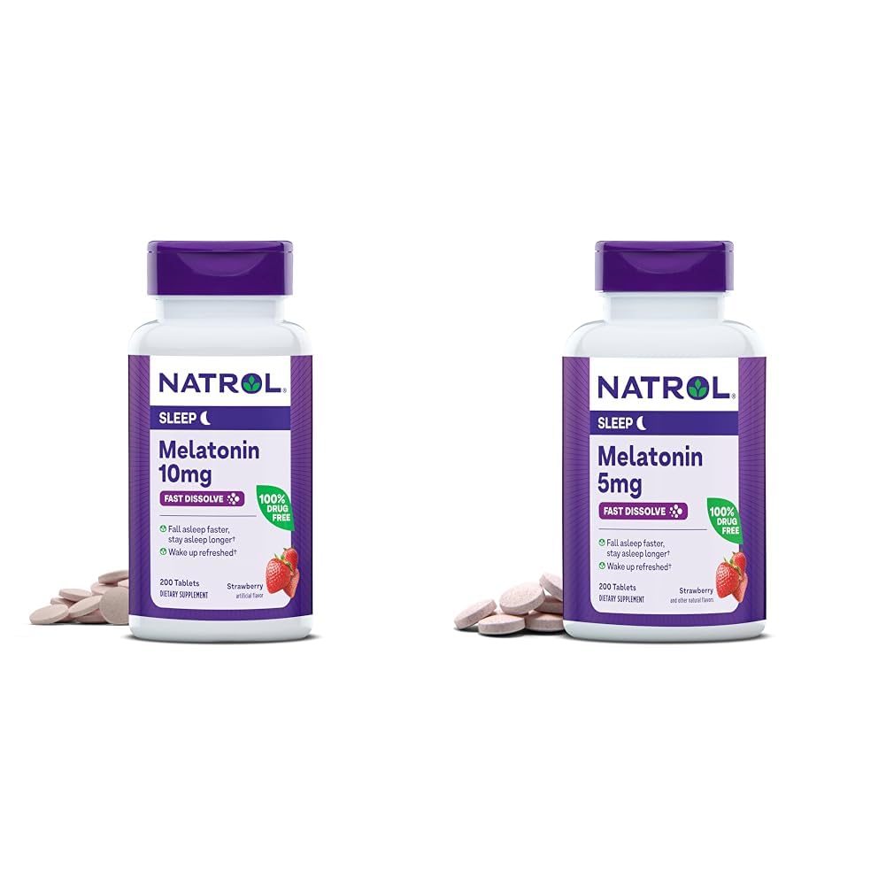 Natrol Melatonin 10mg 200 טבליות ו 5 מ"ג 200 טבליות Strawberry-Flavored Fast-Dissolve Sleep Support Dietary Bundle