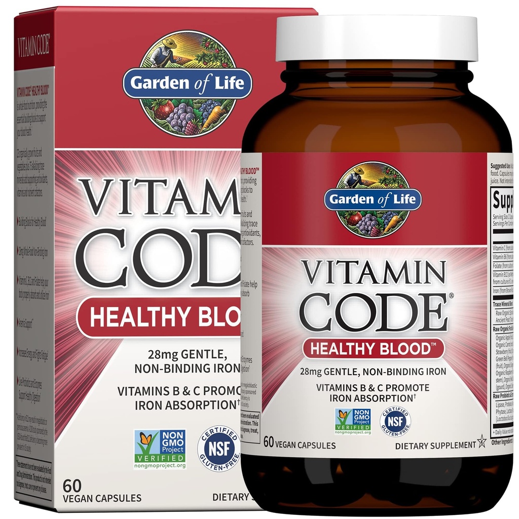 Garden of Life Vitamin Code Healthy Blood - Iron Supplement for Women, 60 Vegan Capsules, with Vitamins B, C, Trace Minerals, Fruit Veggies, Probiotics - for Energy and Anemia Support (Pack of 6)
