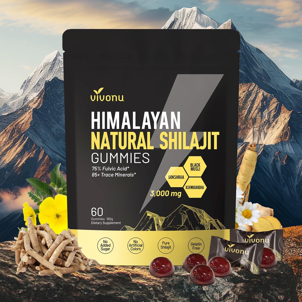 Pure Himalayan* Shilajit* Gummies, micronutrient Supplement, Himalayan Premium Ingredient with Shilajit, Ashwagandha, Gokshura, Fulvic Acid & 85+ Trace Minerals I for Men, Women (60 Gummies/1 Bag)