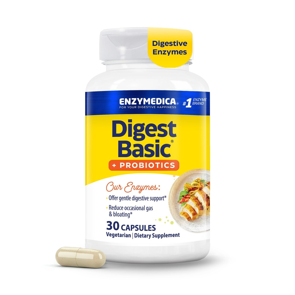 Enzymedica, Digest Basic + Probiotics, Gentle Digestive Enzymes עם 400 מיליון CFU תרבות פעילה לקפסולה, 30 קפסולות