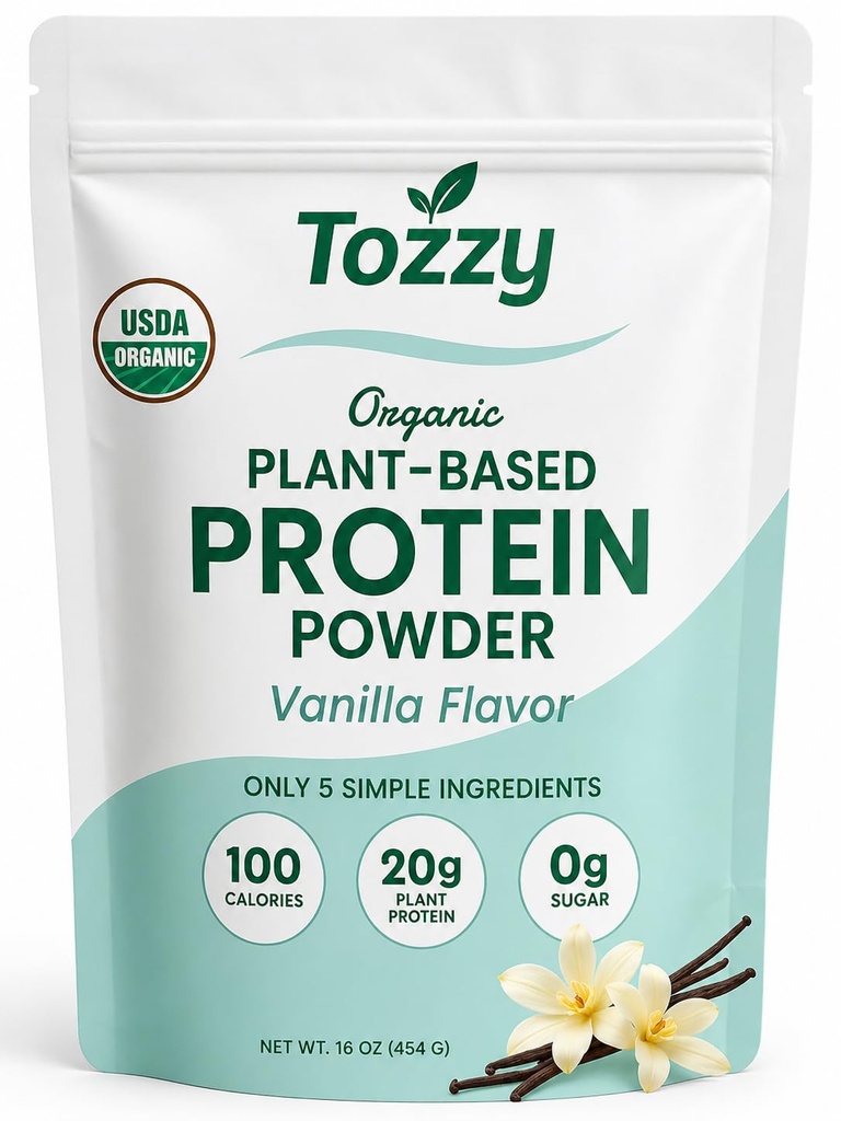 TOZZY Organic Vegan Protein Powder, Vanilla | 16 Servings | 20g Plant-Based Pea Protein | 5 Simple Ingredients | 0g Sugar | Keto | Gluten- & Dairy-Free (1 lb) - Packaging May Vary