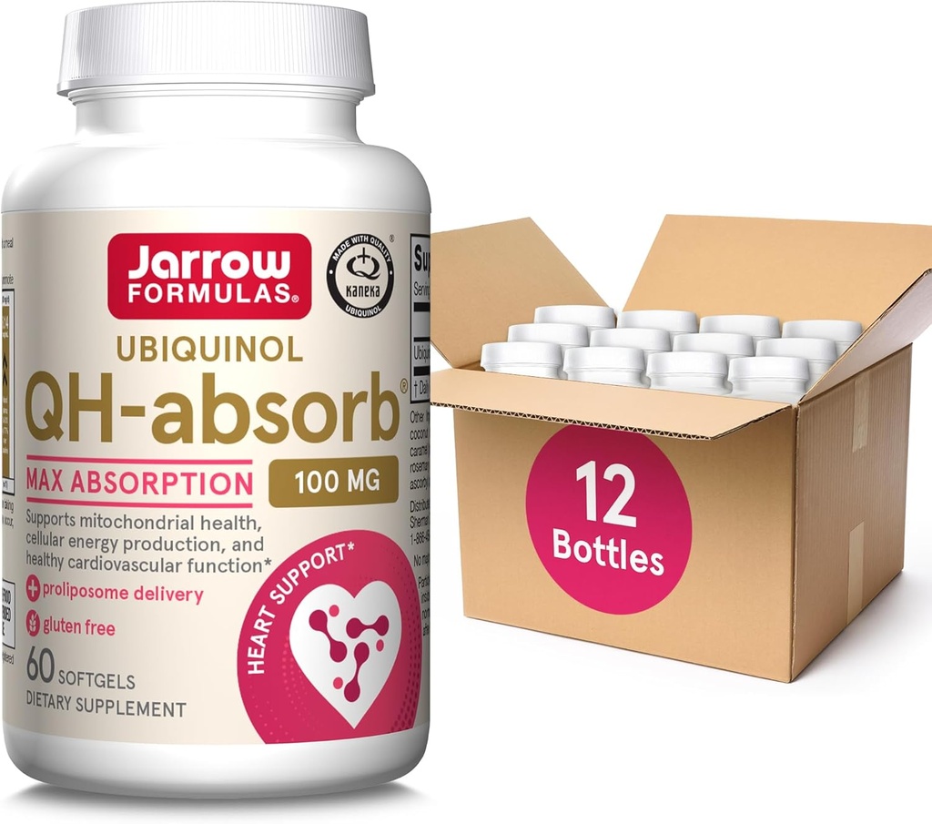 Jarrow Formulas QH-Absorb 100 מ"ג Max Absorption- CoQ10 Ubiquinol- Up to 60 משרתים (Softgels) - תומך Mitochondrial Health, הפקה סלולרית ותפקוד קרדיווסקולרי בריא, חבילה של 12 משרתים (Softgels)