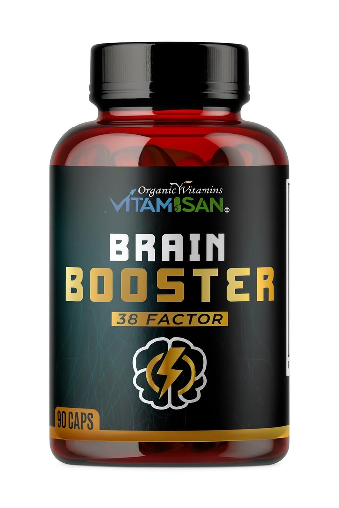 Brain Booster 38 Factor | Premium Herbal & Vitamin Blend for Focus, Clarity & Cognitive Support | Adaptogen & Mushroom Complex with Vitamin B3 | Daily Mental Performance Formula – 90 Capsules