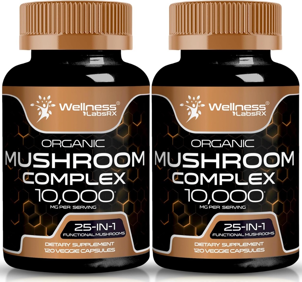 Goodness LABSRX Mushroom קפסולות 10:1 לחלץ, Mushroom Complex כמוסות 1000 מ"ג, Lions Mane תוספת עם טורקיה Tail, Cordyceps, Reishi - 2 Pack