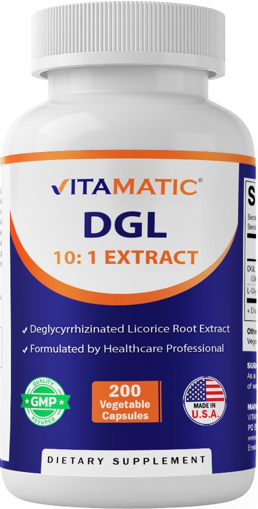 Vitamatic DGL Licorice 3800 מ"ג Equivalent Per משרת (מתוך 10:1 לחלץ 380 מ"ג) - 10X חזק יותר - תומך בתפקודי העיכול והנשימה - 200 קפסולות