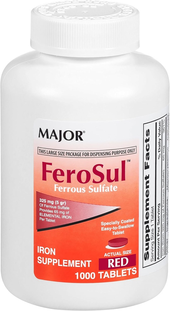 Major FeroSul - Ferrous Sulfate 325 מ"ג טבליות - תוספת ברזל לנשים וגברים - במיוחד coated Easy-to-Swallow טבליות - Red - 1000 Tablet