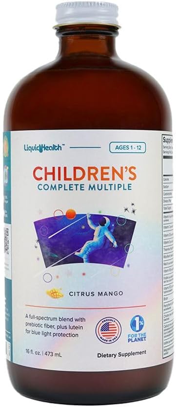 LIQUIDHEALTH Children's Complete Liquid Multivitamin for Kids, טודלרים - ויטמינים חיוניים, חומרים מזינים ומינרלים, תמיכה במזל, Gut Health - Made in USA, Vegan, non GMO, Sugar-Free (16 oz)
