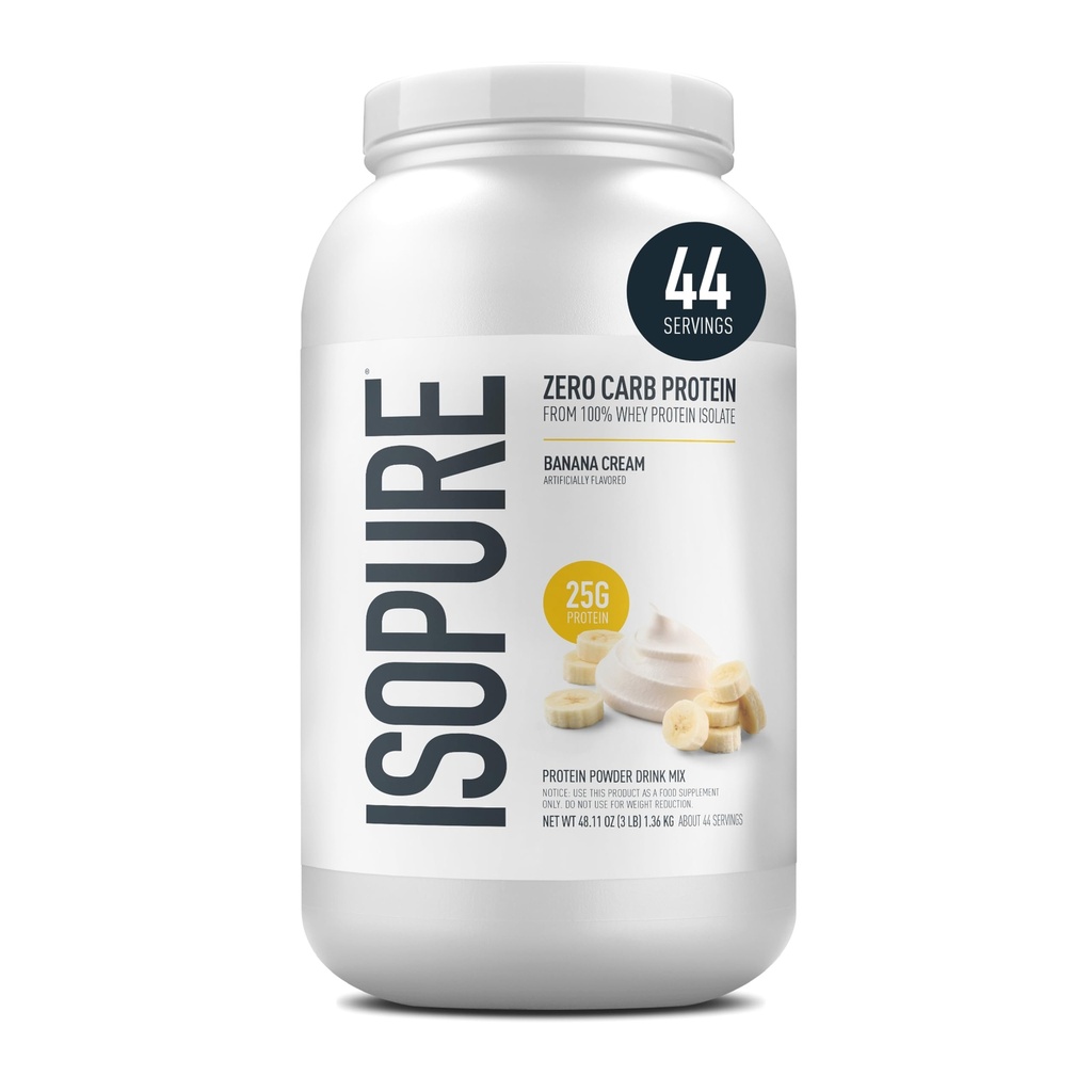 Isopure Zero Carb 100% Pure Whey Isolate אבקת חלבון, Lactose חינם, Gluten חינם, עם ויטמינים, קרם בננה, 25g חלבון Per משרת, 3 Lbs, 44 משרתים (Packaging May Vary)