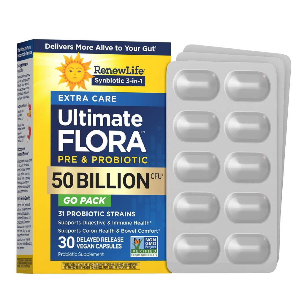 Renew Life Extra Care Go-Pack Probiotics, תוסף יומי תומך Immune, Digestive ו- Respiratory Health, L. Rhamnosus GG, חלב, סויה וגלוטן חינם, 50 מיליארד CFU, 30 Cttttt