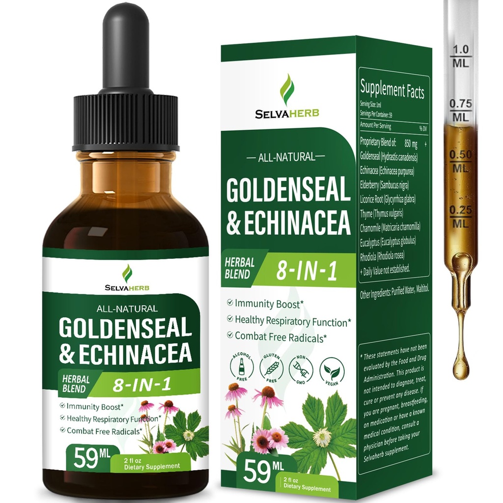 Goldenseal & Echinacea Extract Liquid Tincture for Immunity Boost, Healthy Respiratory Function, Herbal Supplements with Elderberry Licorice Root Thyme Chamomile Extract. 2oz