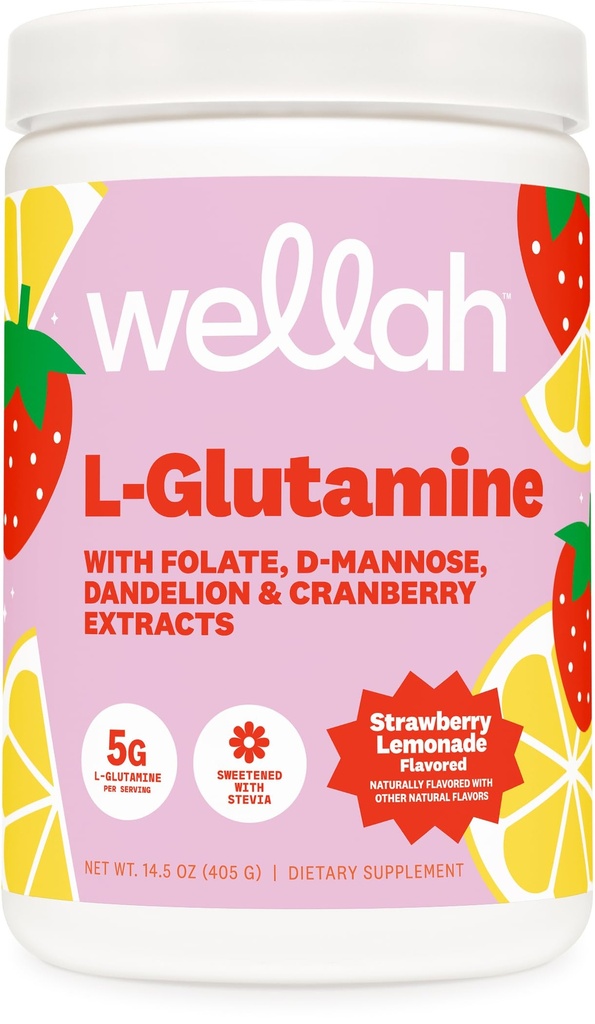 Wellah L-Glutamine Strawberry Lemonade Flavored (50 משרתים) - 5g L-Glutamine Per המשרת, מתוקן עם Stevia