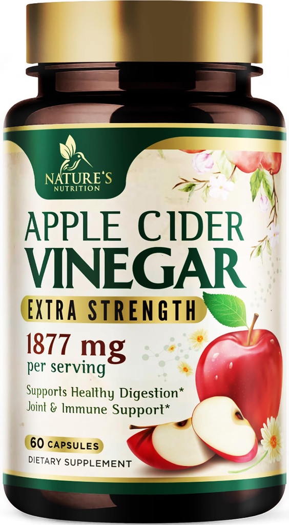 Apple Cider Vinegar כמוסות 1877 מ"ג - תוספת כוח Detox & ניקוי עם ויטמין D & Zinc - Premium ACV Pills עם תמיכה טבעית משותפת Immune - תוספת צמחונית - 60 קפסולות