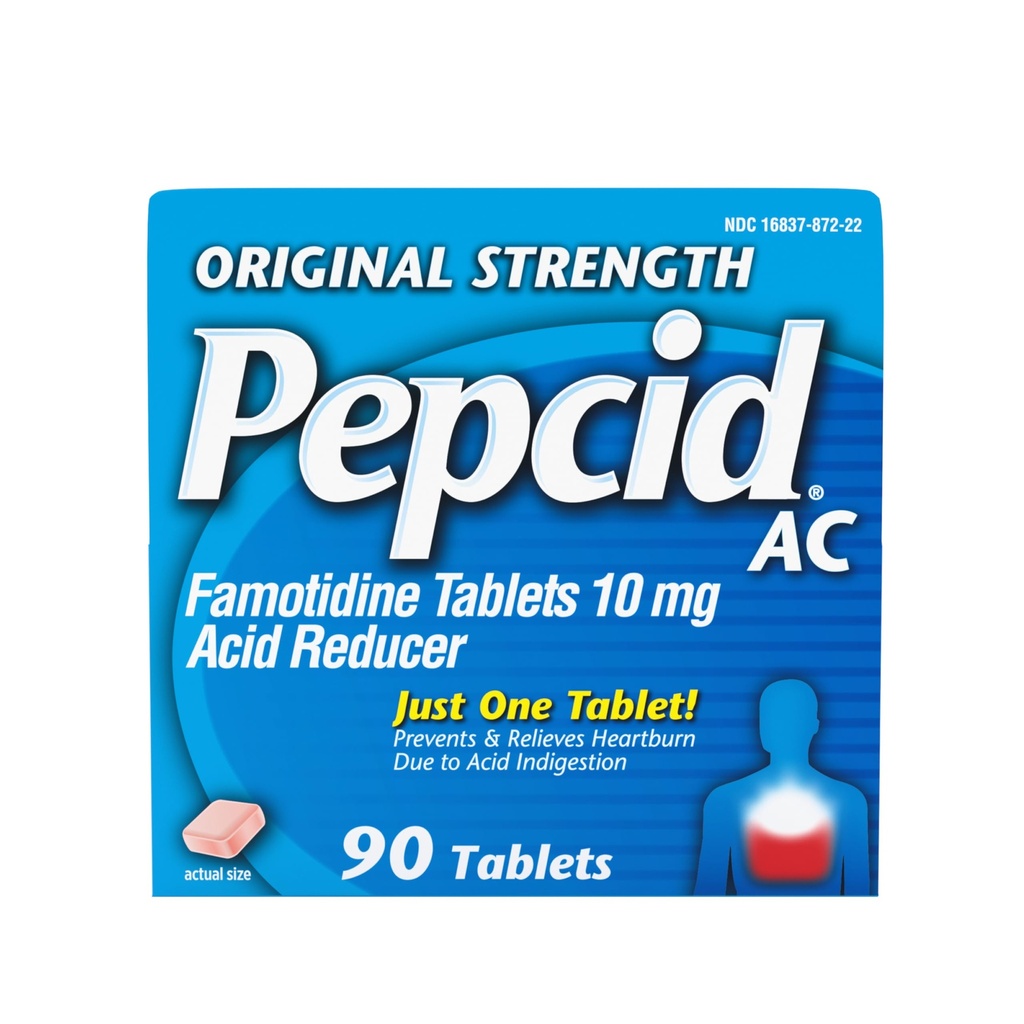 פפסיד AC Original Powerburn Relief Tablets, OTC תרופות מונע & Relieves Heartburn בשל Acid Indigestion & Sour Stomach, 10mg Famotidine Acidine Acid, Fast-Acting, 90 דונם