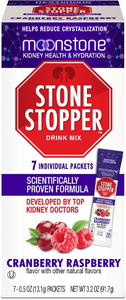 Moonstone Kidney Stone Stopper Drink Cranberry Raspberry, Outperforms צ'נקה Piedra & Kidney תמיכה תוספי מזון, שפותחו על ידי אורולוגים כדי למנוע Kidney Stones & שיפור הידרה, 7 ימים אספקה