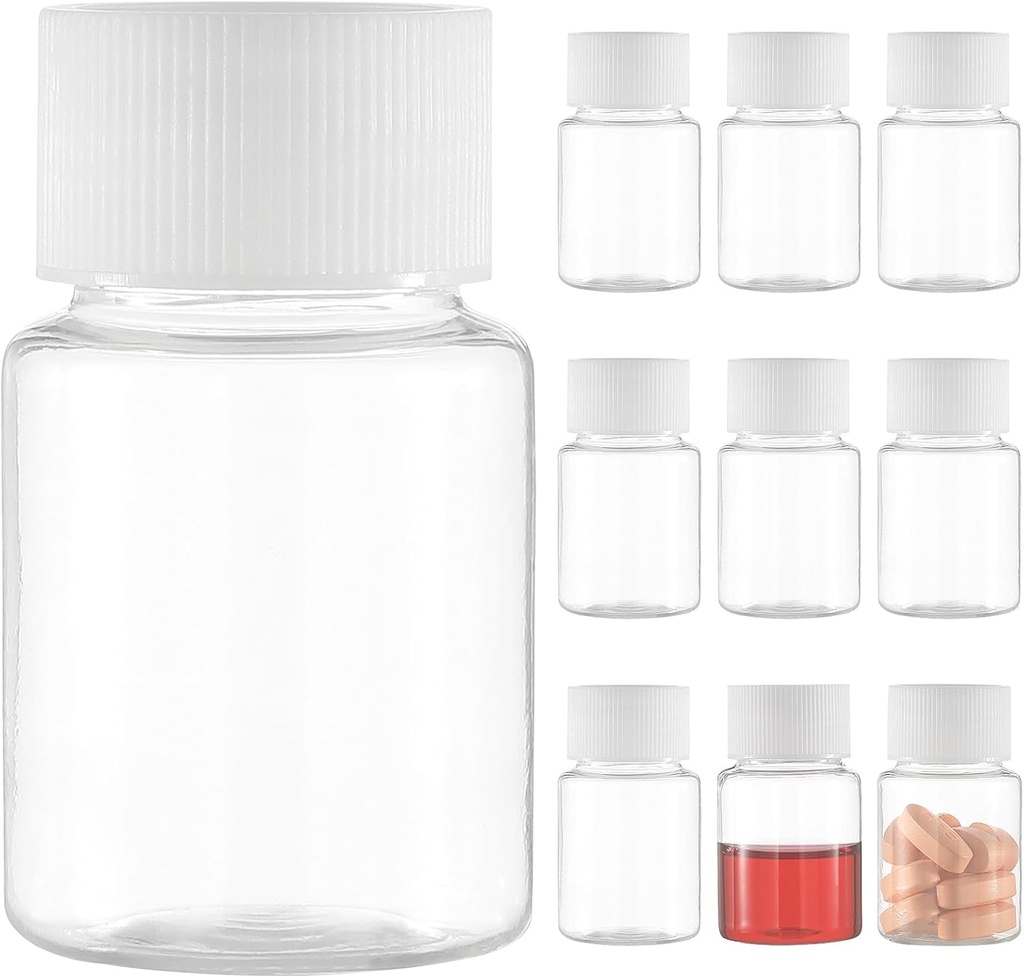 Small Clear Pill Bottle, Red Medicine Pill Bottle, מיני פלסטיק Clear Reagent עבור אבקת נוזלית Cylindrical Container(10 PCs, 30 מ"ל)