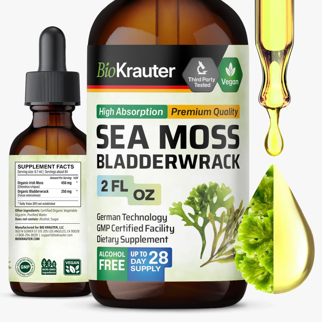 BIO KRAUTER Irish Sea Mos Drops - Chondrus Crispus Sea Mosss תוספת עם Bladderwrack - אלכוהול & סוכר חינם Iodine תוסף - 2 Fl.Oz.
