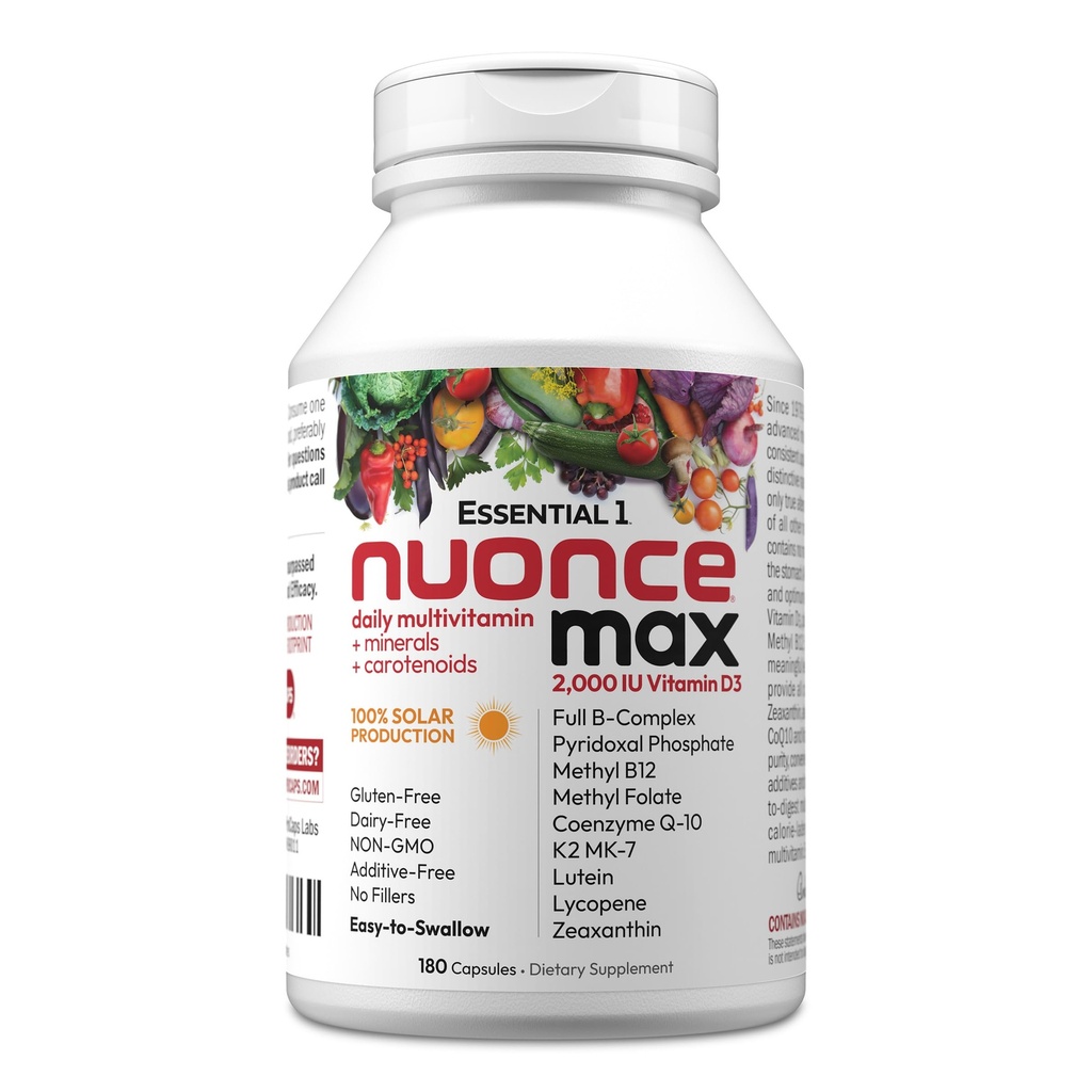 ANDREW LESSMAN Essential-1 nuonce max Multivitamin 2000 IU ויטמין D3 180 קפסולות קטנות. 100 mcg Methyl B12 CoQ10 Lutein Lycopene Zeaxanthin. עוצמה גבוהה. אין תוספות. Ultra-Mild One Daily קפסולת