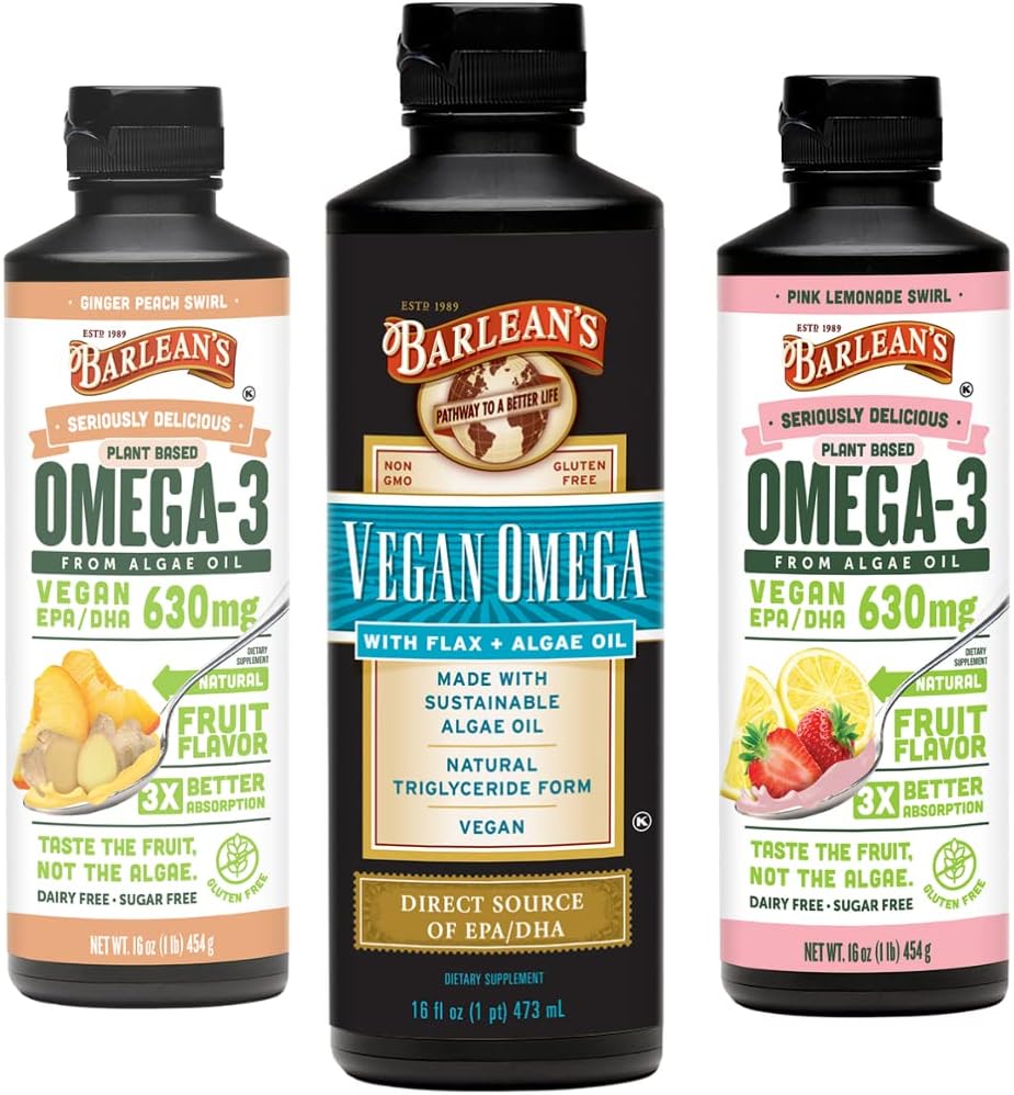 אומגה 3 של Barlean's Vegan אומגה 3 Algae Oil נוזל תוספת Bundle, כולל Flaxseed ו Algae שמן תערובת, ג'ינג'ר Peach, ורוד Lemonade Flavors, EPA ו DHA Fat Acids