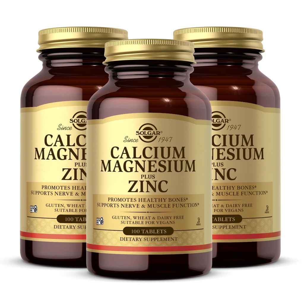 Solgar Calcium Magnesium Plus Zinc, 100 טבליות (Pack of 3) - מקדם עצמות בריאות ושיניים - תמיכה בתפקוד העצבים והשרירים - Non-GMO, טבעוני, Gluten Free, חלב, כשר - 100 המשרתים Total המשרתים