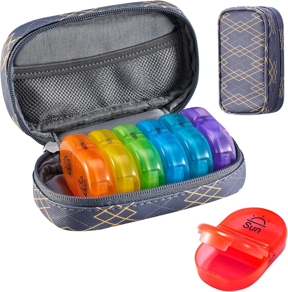 Serfeymi® Travel Pill מארגנת 2 פעמים A Day AM PM שדרג את תיבת הכדור של Rainbow Pill 7 Day עם Portable Zipper PU PU PU PU שיער, מארגנת תרופות עבור גלולות, ויטמינים, שמן דגים - 01 קווי 01