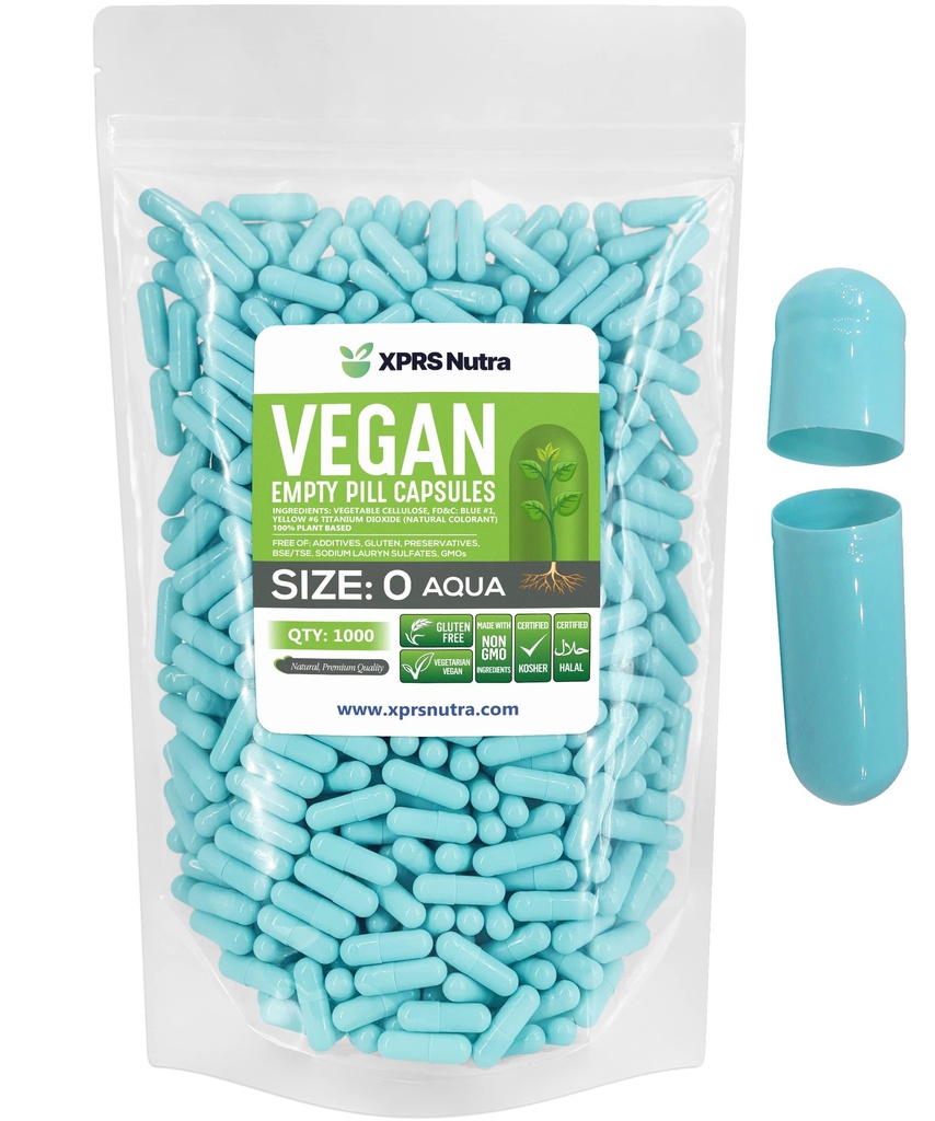 XPRS Nutra Size 0 קפסולות ריקות - 1000 Count ריקה טבעוני קפסולות - גלולות צמחוניות - קפסולת ירקות DIY מילוי Veggie Pill Gel Caps for Do-It-Yourselfs (Aqua)