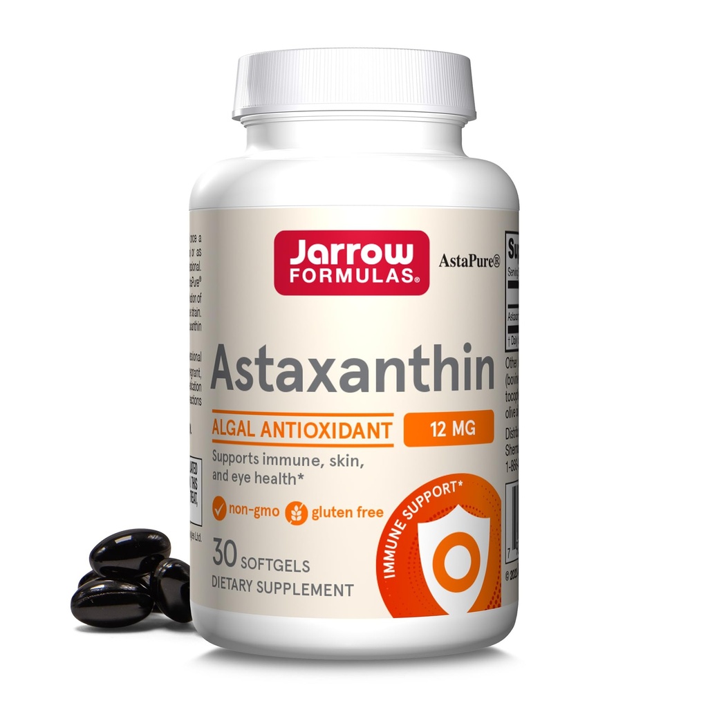 Jarrow Formulas® Astaxanthin 12 מ"ג, תוספת תזונתית, תמיכה אנטי-חמצן לבריאות החיסון והעין, 30 Softgels, 30 יום אספקה