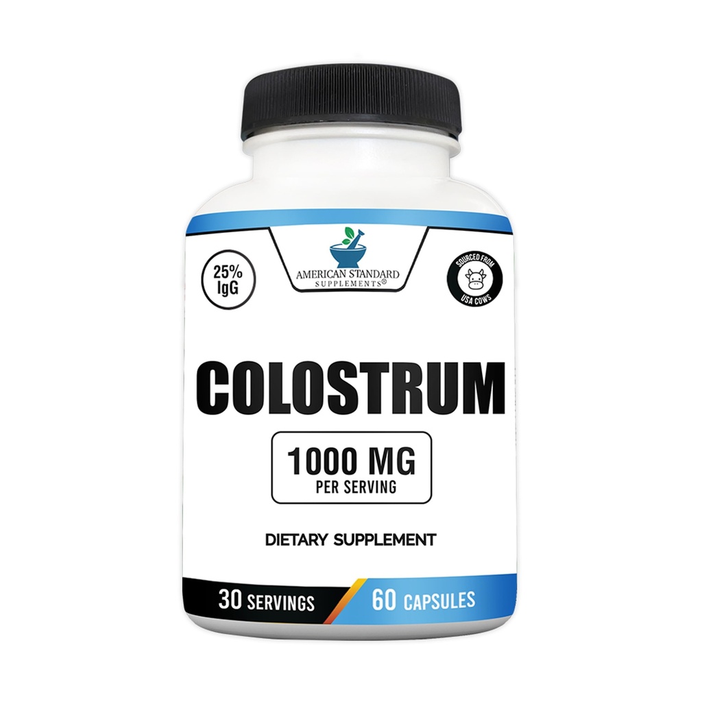 תוספי תקן אמריקאי תוספת Colostrum קפסולות - 1000 מ"ג פרי המשרת, 60 קפסולות, ארה"ב Sourced Cow Colostrum, סטנדרטי ל-25% Immunoglobulins (IgG)